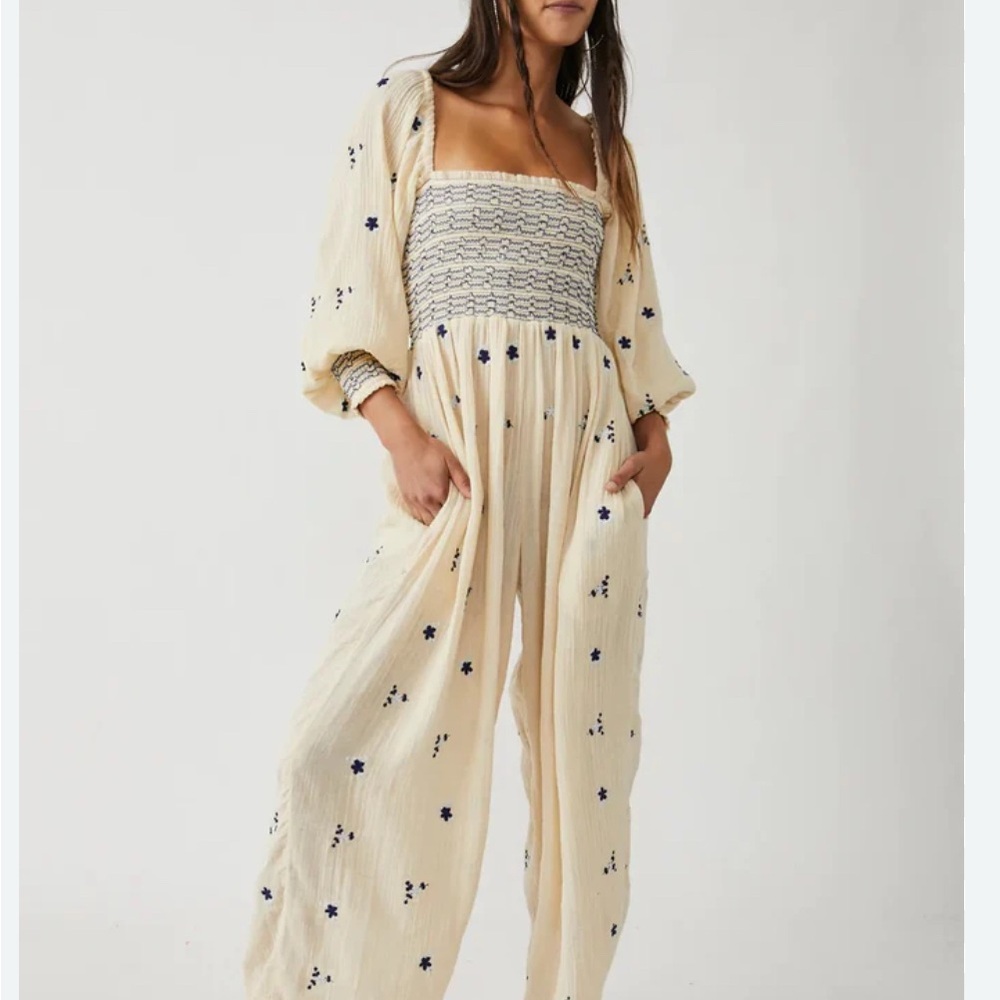 Free People Cream and Blue Smocked Jumpsuit with Bishop Sleeves
